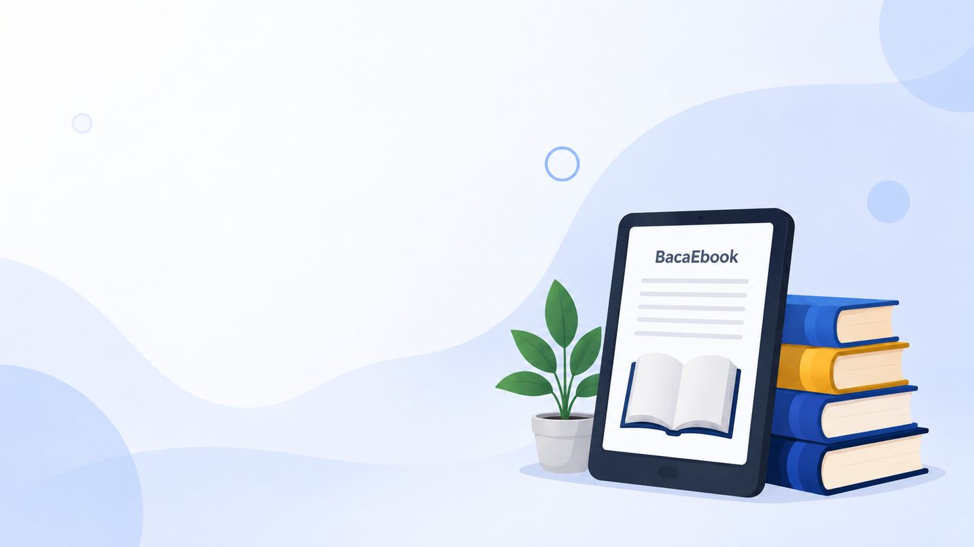 Ilustrasi BacaEbook - tablet membaca eBook dengan tumpukan buku